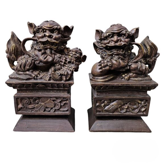 Bombay Company Vintage Wooden Carved Foo Tu Dog Lion Statues Set of 2 - Picture 1 of 6